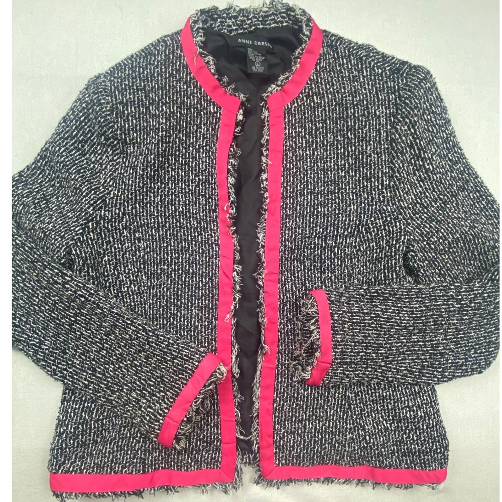 Anne Carson Silk Blend Tweed Jacket Black White‎ Pink Trim Fringe Open Front L